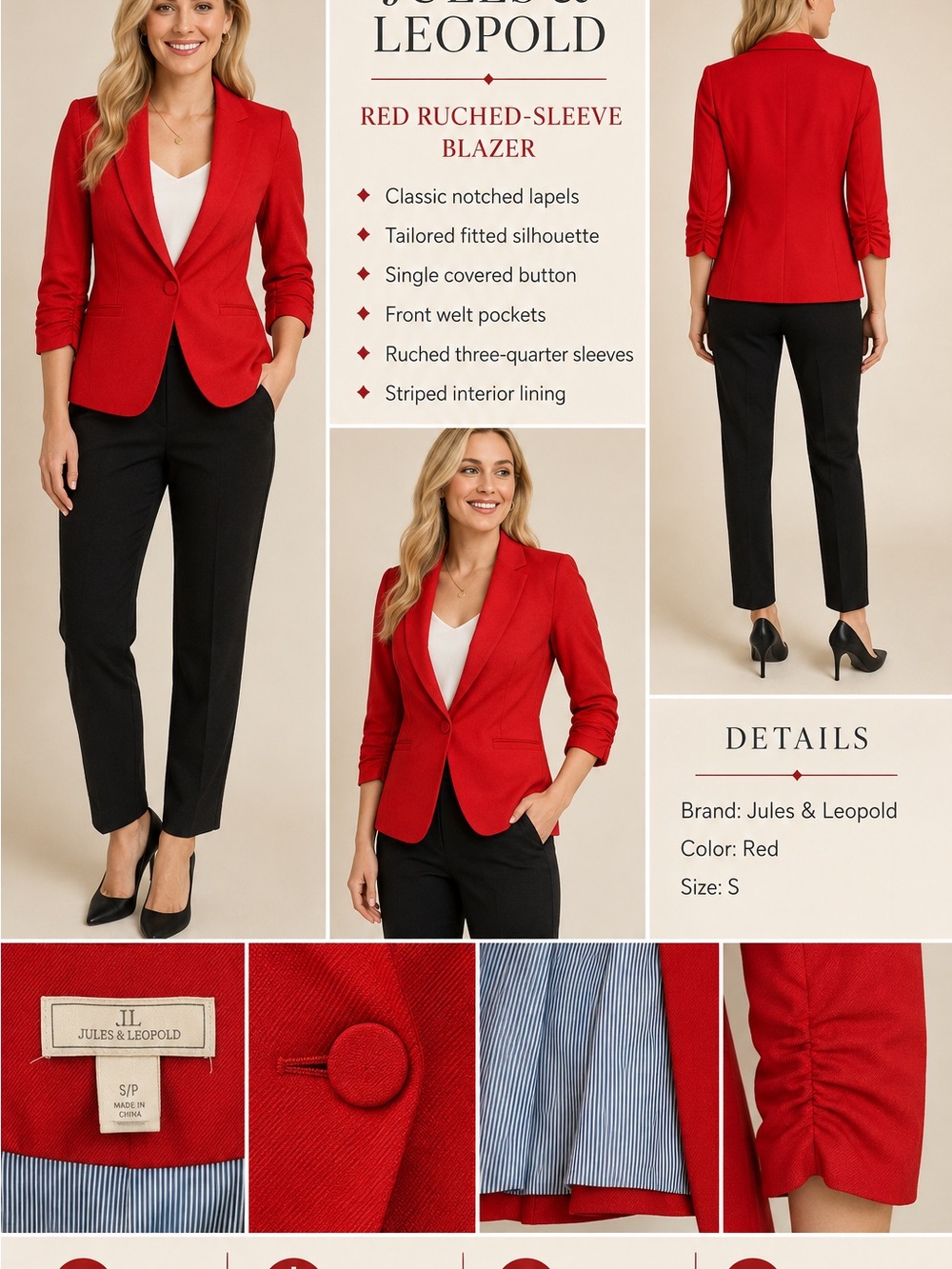 Jules & Leopold Red Tailored Ruched-Sleeve Blazer